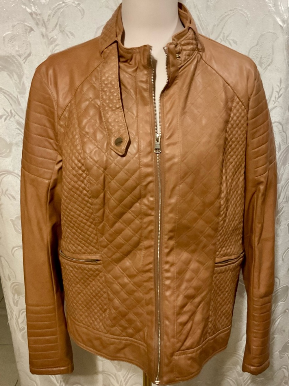 Cavalini Quilted Camel Brown Faux Leather Zip Jacket